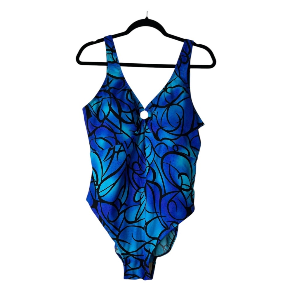 Alicia Simone Swimsuit Size 20W Blue Black Abstract Print One Piece Bathing Suit